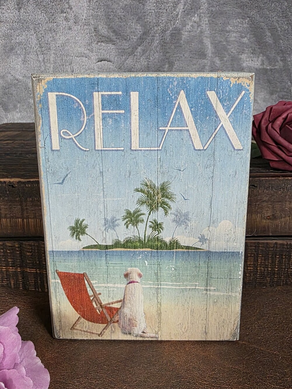 Relax Dog at Beach Island Distressed Wooden Desk Block Sign